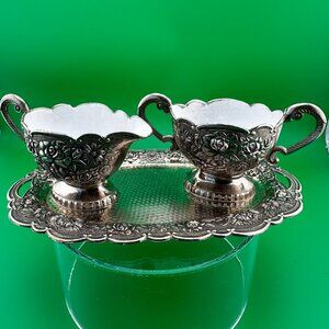 VTG CREAMER & SUGAR SET FLORAL SILVER PLATE OVERLAY ON PORCELAIN/ENAME , 8"